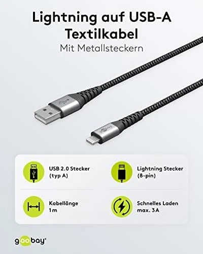Goobay Lightning uz USB-A tekstila kabelis ar metāla spraudņiem