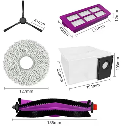 Midea V15 atsarginių dalių rinkinys: 1 x šoninis šepetys, 2 x šluostės, 1 x cilindrinis šepetys, 1 x filtras, 1 x dulkių maišelis