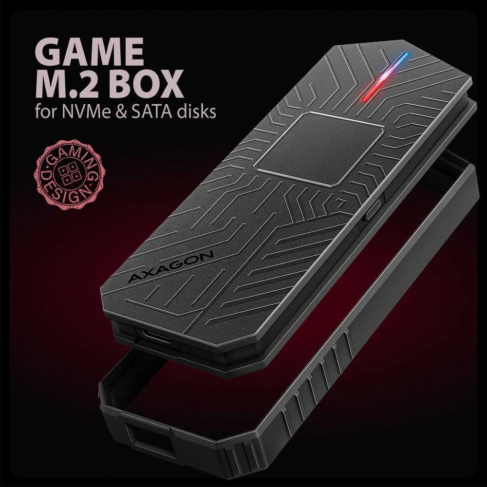 „AXAGON USB-C 10Gbps“ – M.2 NVMe un SATA SSD GAME M.2 kaste